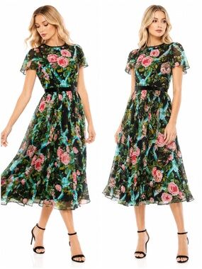 Mac Duggal Floral Illusion Cap Sleeve Midi Dress Black Multi Sheer NWT Size 8